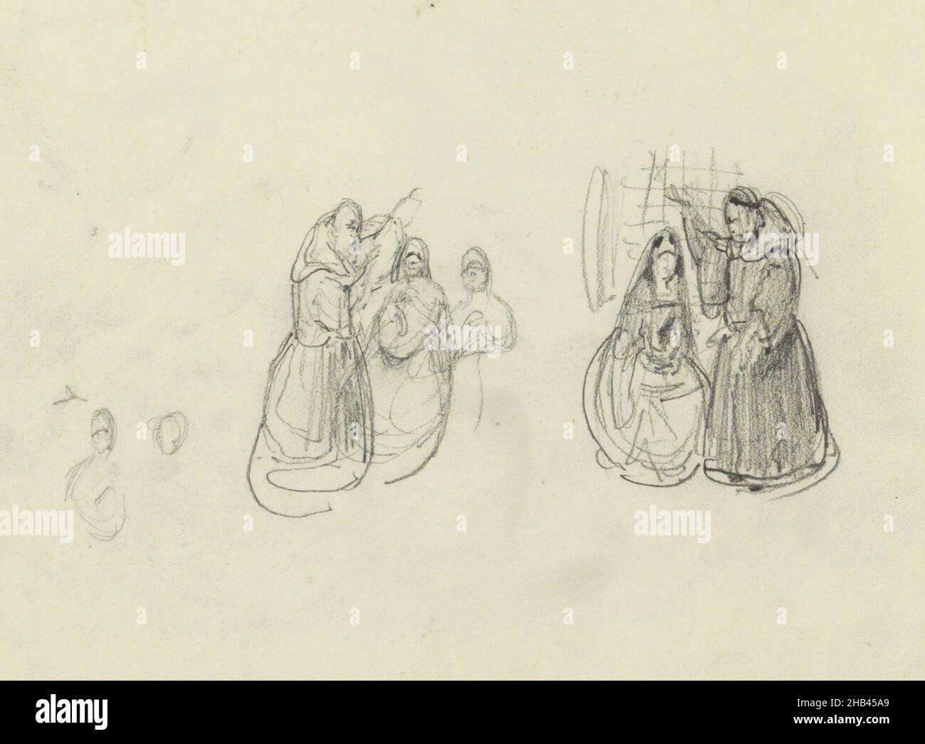 Les moines tiennent une main dans l'air et se tiennent debout avec une ou plusieurs femmes.Feuille 40 verso d'un carnet de croquis avec 58 feuilles, Monks et femmes, Willem Hendrik Schmidt, 1819 - 1849 Banque D'Images