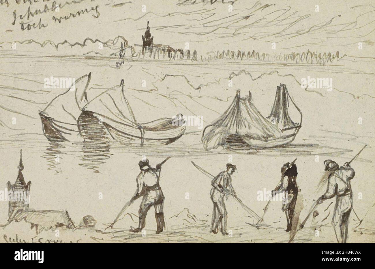 Feuille 76 recto d'un carnet de croquis de 88 feuilles, Paysage avec tour d'église, bateaux à rames et hommes fauchant du foin, Johannes Tavenraat, 1854 - 1868 Banque D'Images