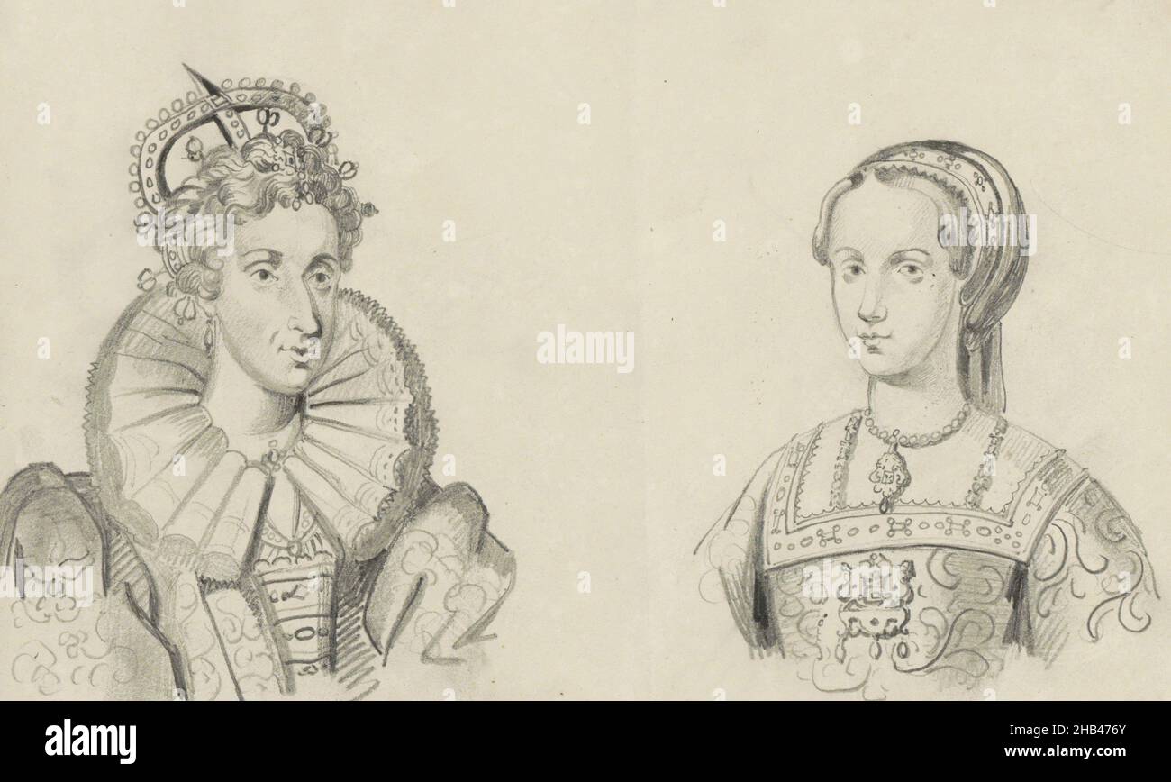 Feuille 18 verso d'un livre d'esquisse de 52 pages, Portraits d'Elizabeth I Tudor et de Lady Jane Gray., Willem Hendrik Schmidt, 1819 - 1849 Banque D'Images