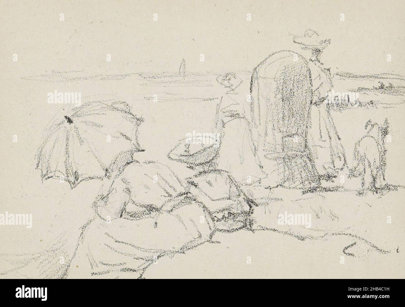 Les personnages se tiennent et s'assoient sur la plage à côté d'une chaise de plage.Feuille 26 verso d'un carnet d'esquisses de 42 feuilles, Figures on the Beach, Willem Cornelis RIP, 1905 Banque D'Images