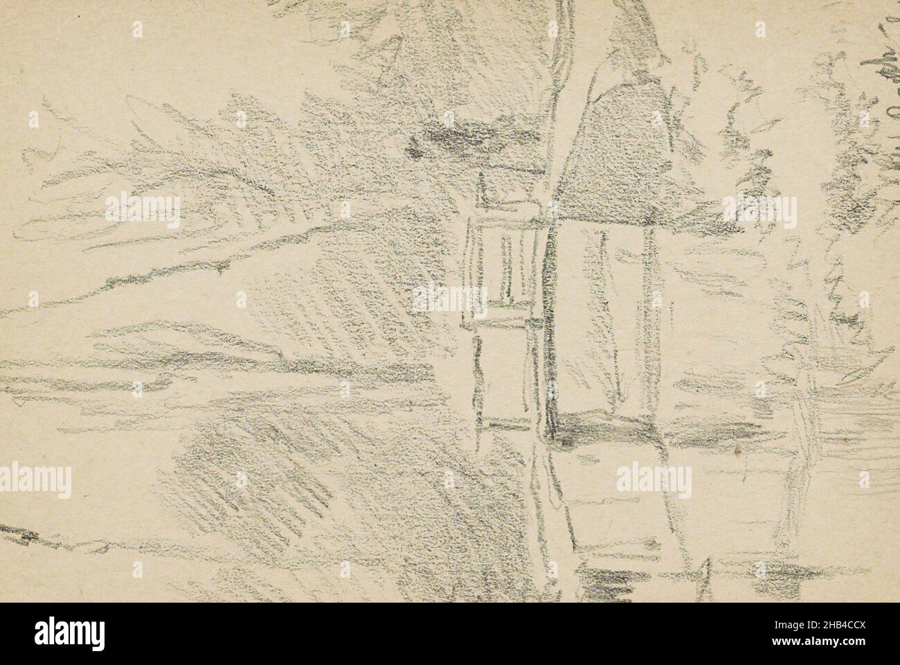 Feuille 6 verso et 7 recto d'un carnet d'esquisses de 42 feuilles, homme sur un pont au-dessus de l'eau dans une forêt, Willem Cornelis RIP, 1919 Banque D'Images