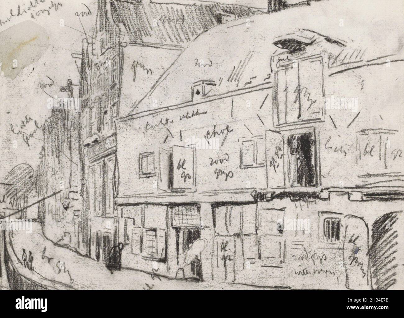 Page 5 d'un carnet de 17 pages, vue d'un quai avec maisons., dessinateur: Willem Witsen, Amsterdam, (peut-être), c.1897 - c.1899, Willem Witsen, ch.1897 - c.1899 Banque D'Images