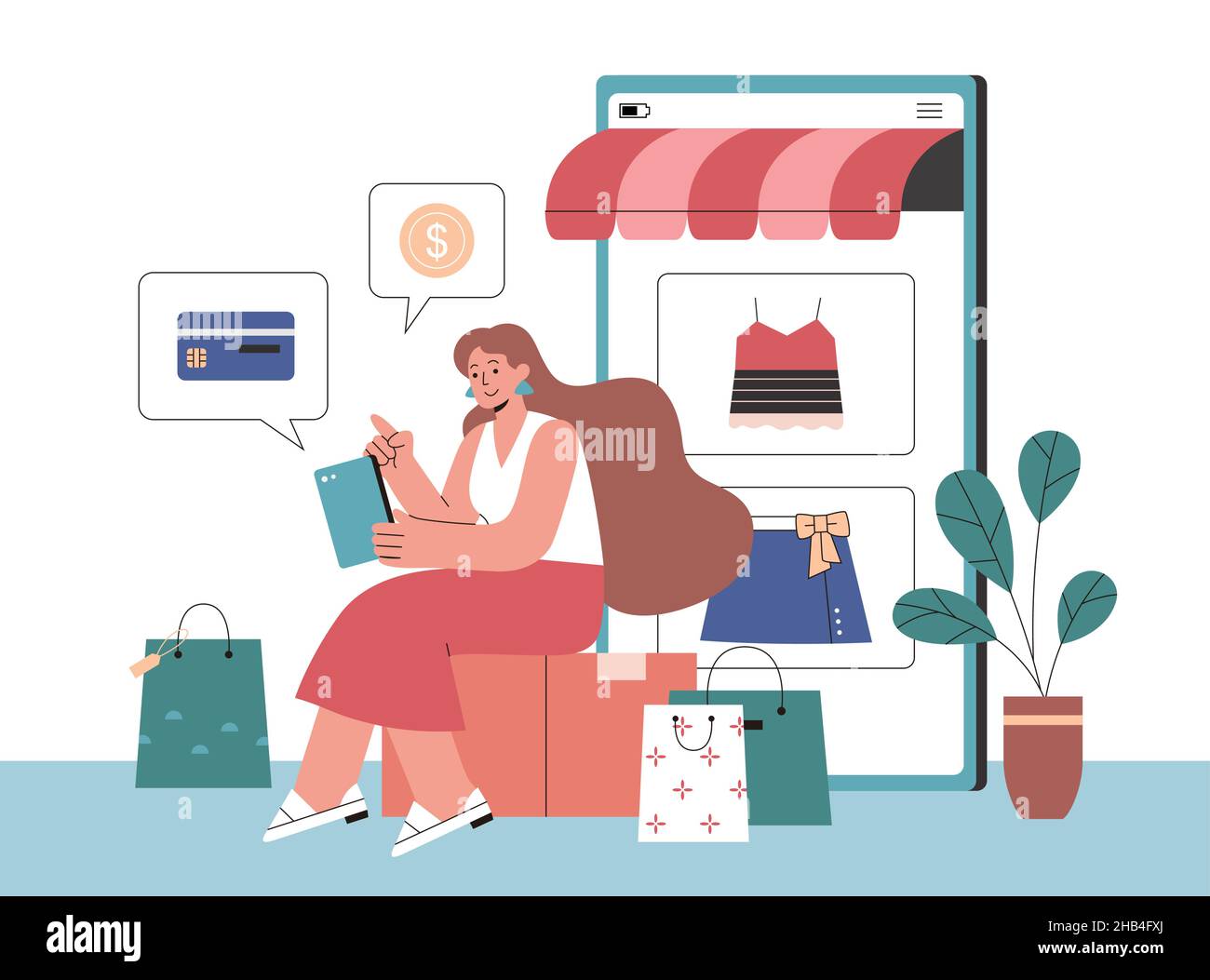 Paiement en ligne pour les achats en illustration plate.Fille assis avec des sacs d'achats payant en ligne avec le téléphone mobile qui écran affiché dans le Illustration de Vecteur