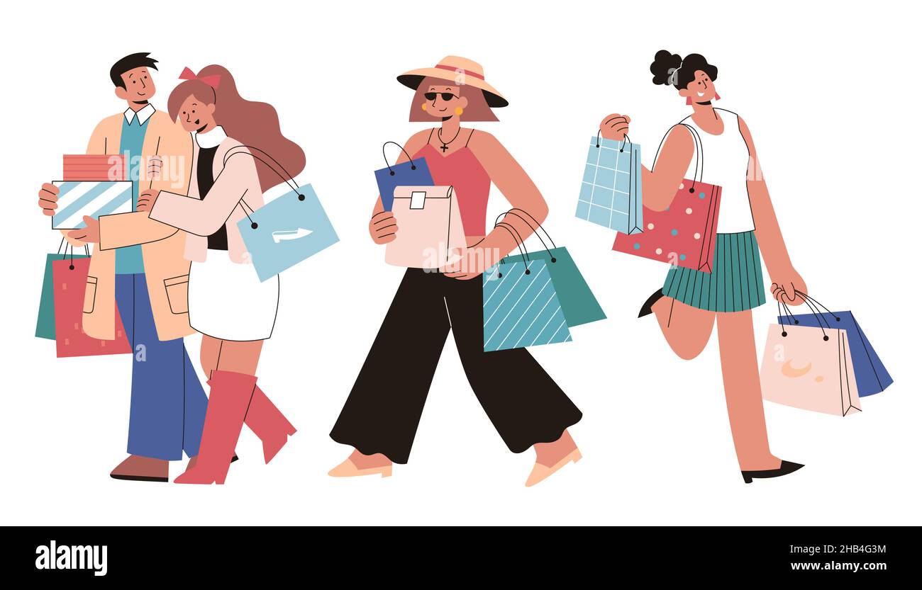 Des personnages cashers modernes sont illustrés à l'écran plat.Design de caractère de couple moderne et les femmes faisant des achats avec une poignée de sacs d'achats Illustration de Vecteur