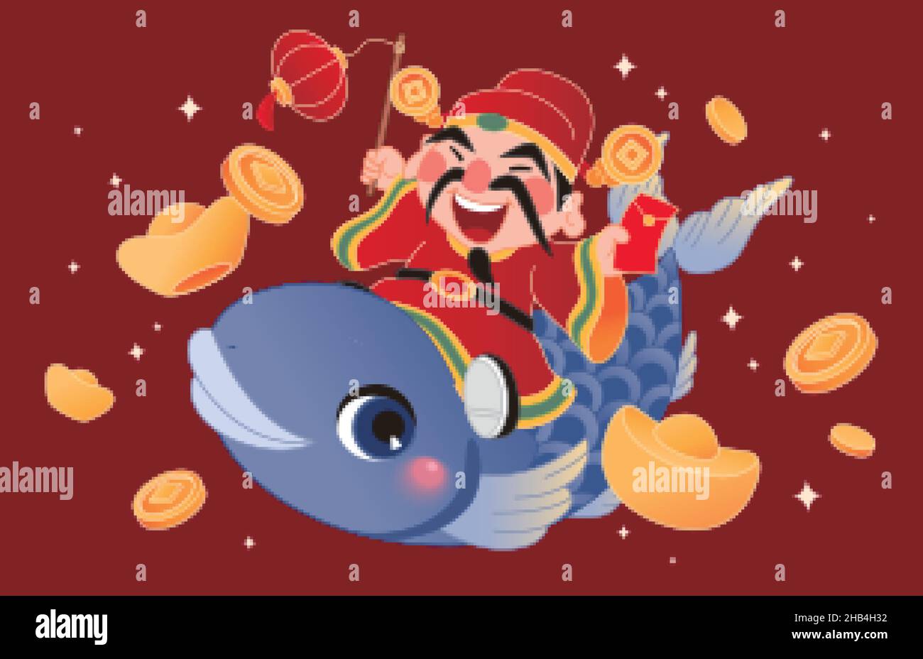 Mignon dessin animé Dieu de la richesse tenant une lanterne chinoise et de l'équitation d'un gros poisson bleu avec des lingots d'or et des pièces volantes par.Illustration de style plat. Illustration de Vecteur