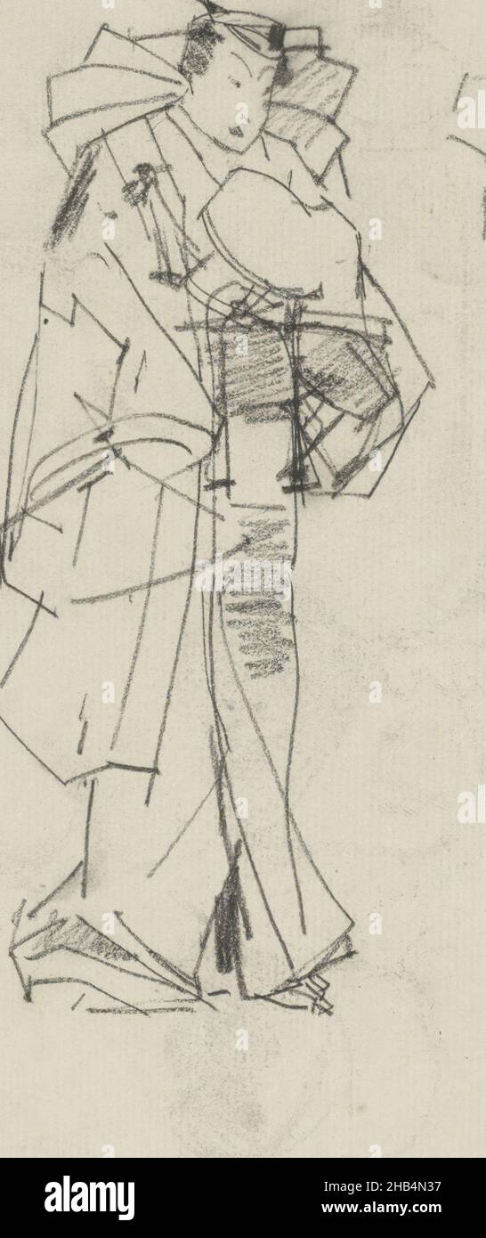 Homme en costume pour femmes.La lure masculine sur son front est couverte.Page 5 d'un carnet de 29 pages, acteur japonais dans un kimono., dessinateur: George Hendrik Breitner, la Haye, c.1884 - c.1886, George Hendrik Breitner, c.1884 - c.1886 Banque D'Images