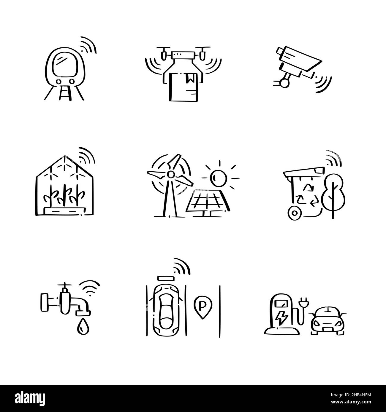 Icônes de ville intelligentes définies.CCTV, livraison de drones, parking intelligent et gestion du trafic, sources d'énergie durables.Style Doodle Illustration de Vecteur