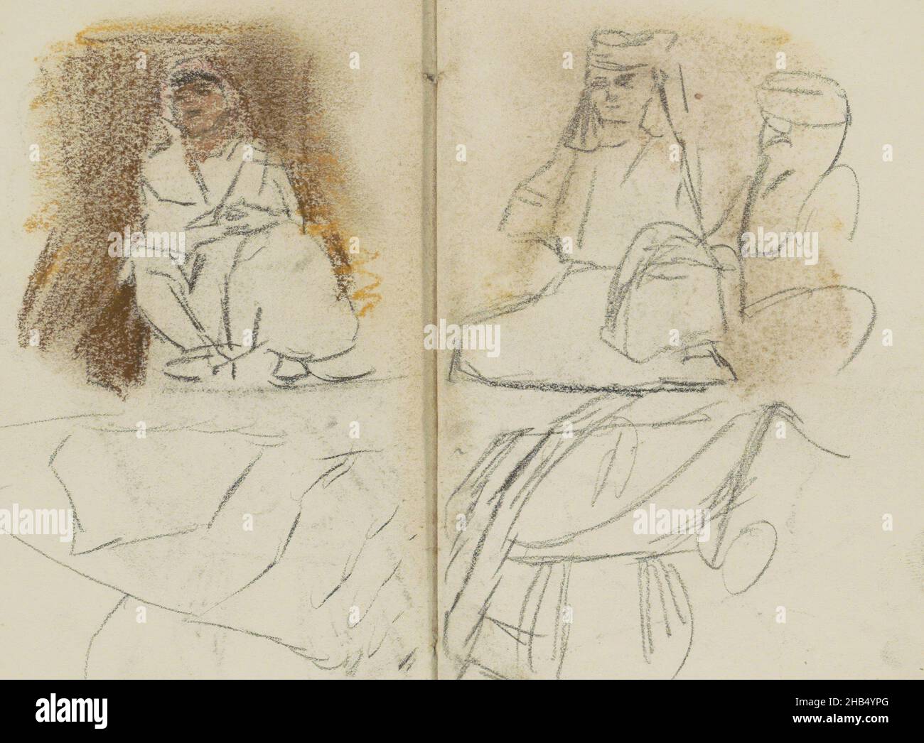 Page 3 et page 4 du carnet XXXIX avec 51 pages, trois personnages assis en vêtements orientaux, dessinateur: Isaac Israël, Paris, 1887 - 1934, Isaac Israël,1887 - 1934 Banque D'Images