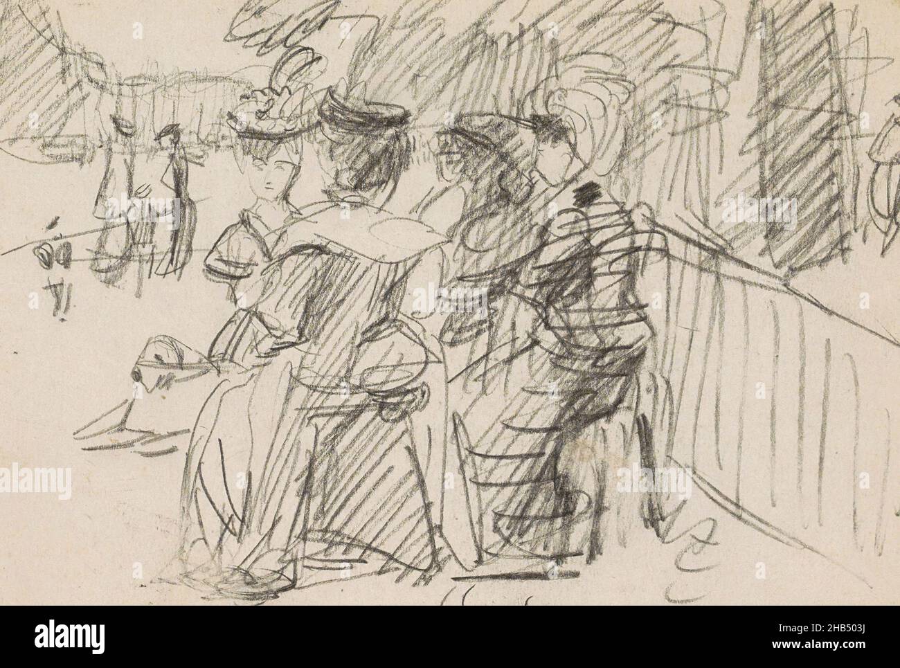 Secoueurs gauches.Page 7 de sketchbook XLVI avec 32 pages., Groupe de femmes assis, peut-être dans un parc., dessinateur: Isaac Israël, Paris, (peut-être), 1875 - 1934,Isaac Israël, 1875 - 1934 Banque D'Images