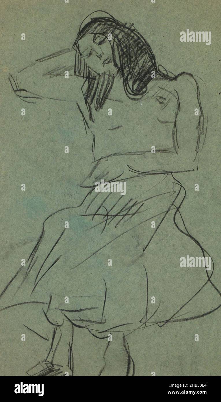 Elle dort peut-être.Intérieur couverture avant de sketchbook LI avec 11 pages, femme assise d'une main derrière sa tête., dessinateur: Isaac Israël, Paris, (éventuellement), 1875 - 1934,Isaac Israël, 1875 - 1934 Banque D'Images