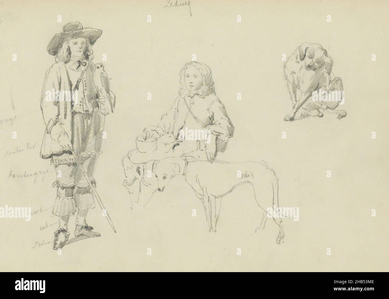 A laissé un garçon debout.À côté de lui un garçon assis avec un chapeau sur ses genoux.Avec lui un chien.En haut à droite un autre chien.Feuille 38 d'un carnet de croquis de 91 feuilles, deux garçons et deux chiens., rapporteur pour avis: Cornelis Springer, pays-Bas, c.1846 - c.1882, après inconnu, c.1846 - c.1882 Banque D'Images