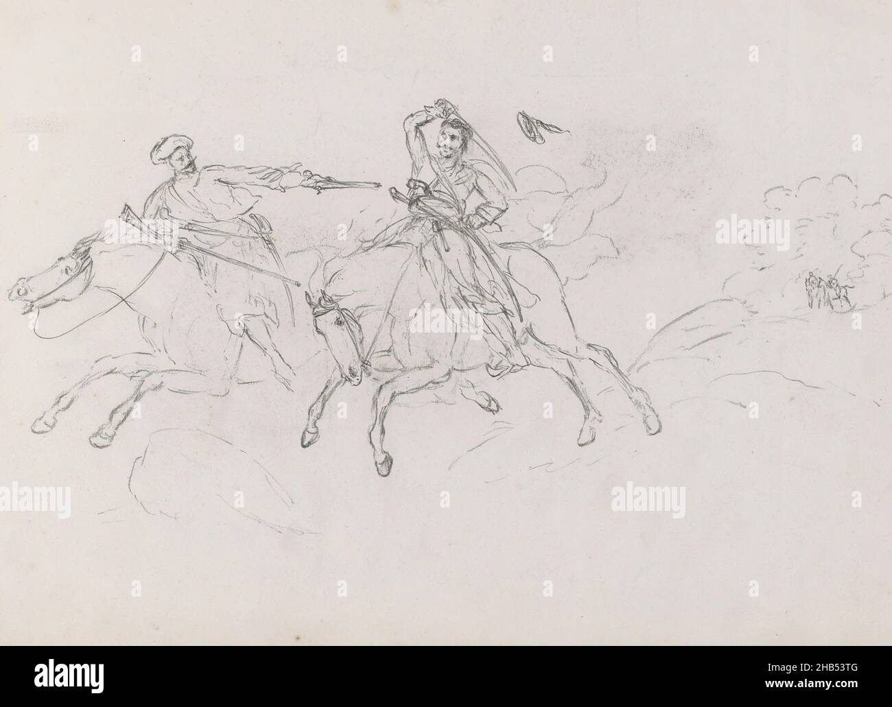 Avec le feu et armes à stab.En arrière-plan, deux autres cavaliers.Feuille 1 recto d'un carnet de croquis de 25 feuilles, deux soldats de combat à cheval., George Hendrik Breitner, 1873 Banque D'Images
