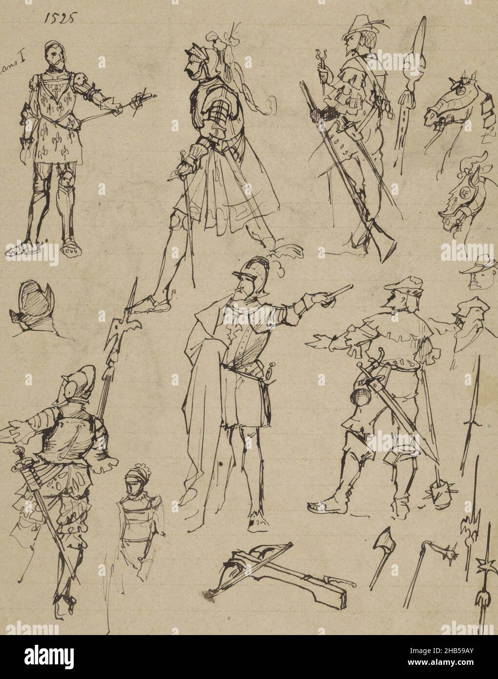 Le roi porte un costume de chevalier décoré d'un motif fleur de lis.Aussi des études de chevaliers avec épées, armes et une tête de cheval.Page 11 d'un carnet de croquis de 6 pages, Figures en costumes de 1525, dont le roi François Ier de France., dessinateur: Marius Bauer, 1885, PEN, Marius Bauer,1885 Banque D'Images