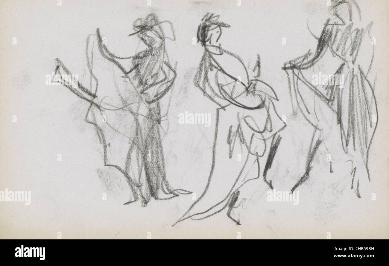 Une des femmes a mis une jambe dans l'air.Un autre lève également sa jupe.On peut supposer qu'ils dansent le cancan.Page 33 d'un carnet de 35 feuilles, danseurs au Moulin Rouge, dessinateur: Marius Bauer, Paris, oct-1891, Marius Bauer,1891 Banque D'Images