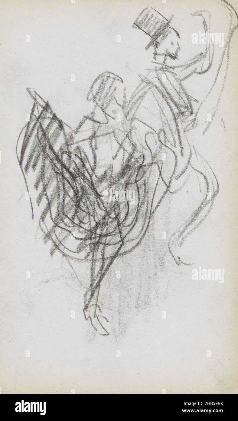 L'homme et la femme jettent une jambe dans l'air.On peut supposer qu'ils dansent le cancan.Page 27 d'un carnet de 35 pages, dansant homme et femme, dessinateur: Marius Bauer, Paris, oct-1891, Marius Bauer,1891 Banque D'Images