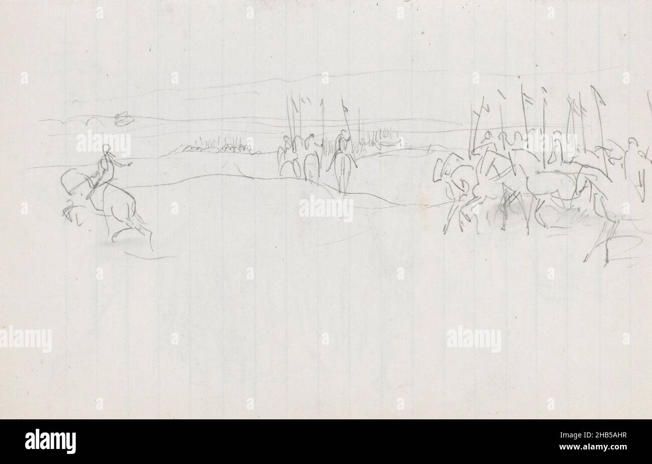 Les soldats portent des drapeaux.Page 93 à partir d'un carnet de 62 pages, Paysage avec des soldats indiens à cheval., dessinateur: Marius Bauer, Inde, 1897 - 1898, Marius Bauer,1897 - 1898 Banque D'Images