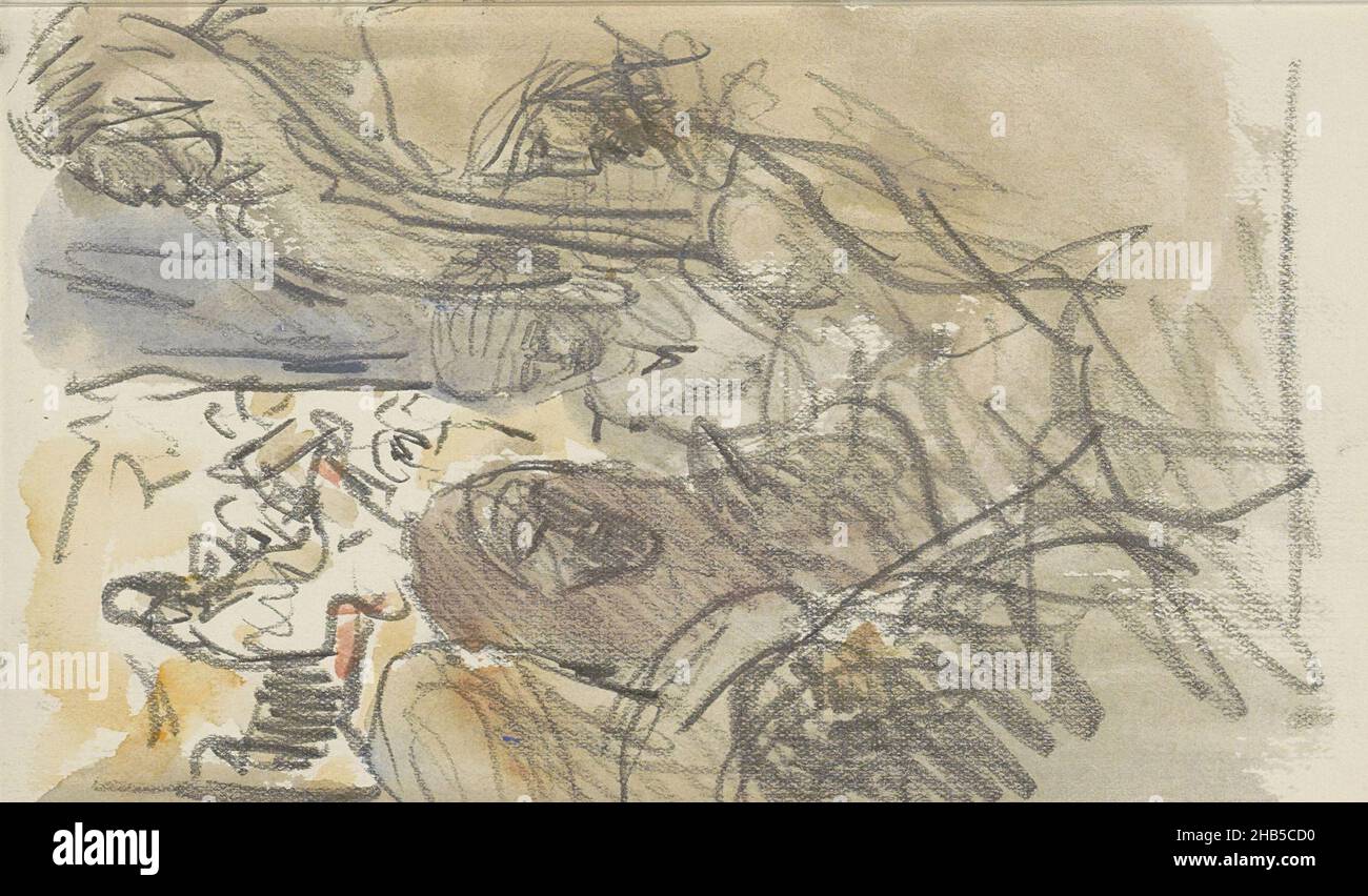 Les personnages portent un costume nord-africain traditionnel.Ils font peut-être partie d'une communauté bédouine.Page 13 d'un carnet de 31 pages, hommes algériens dans un cercle., dessinateur: Marius Bauer, Algerije, 1922, pinceau,Marius Bauer, 1922 Banque D'Images