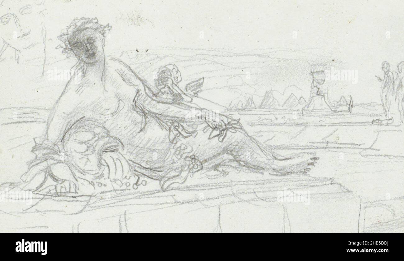 Probablement une des statues près du parterre d'eau.Page 16 d'un carnet de 18 pages, Statue d'une nymphe d'eau dans le jardin de Versailles., dessinateur: Marius Bauer, Versailles, 1920, Marius Bauer,1920 Banque D'Images