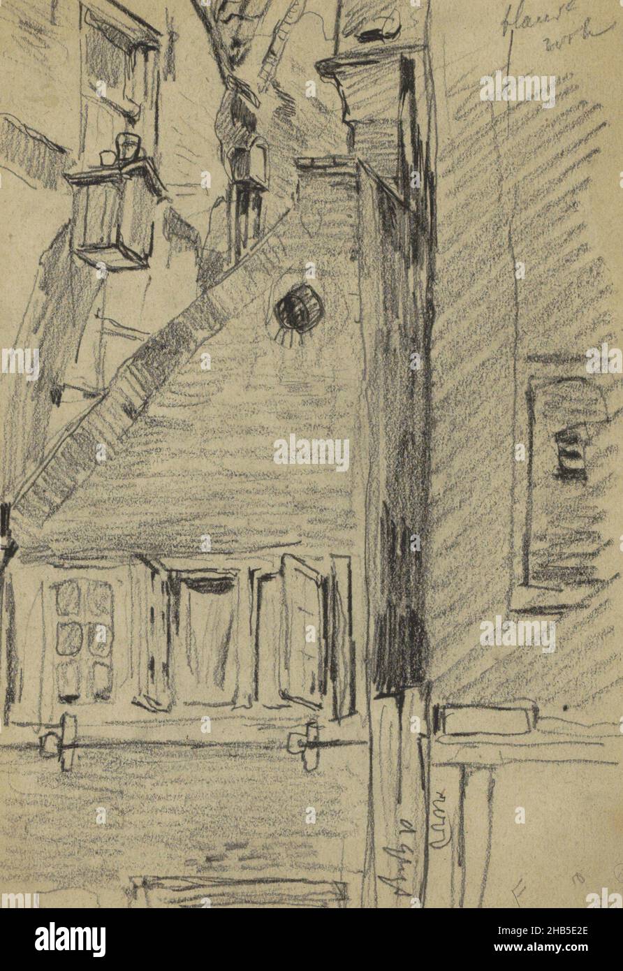 Sur la partie droite de la façade de l'entrepôt Krom Boomssloot 73., façade de Krom Boomssloot 71 à Amsterdam., Willem Witsen, en 1907 ou avant Banque D'Images