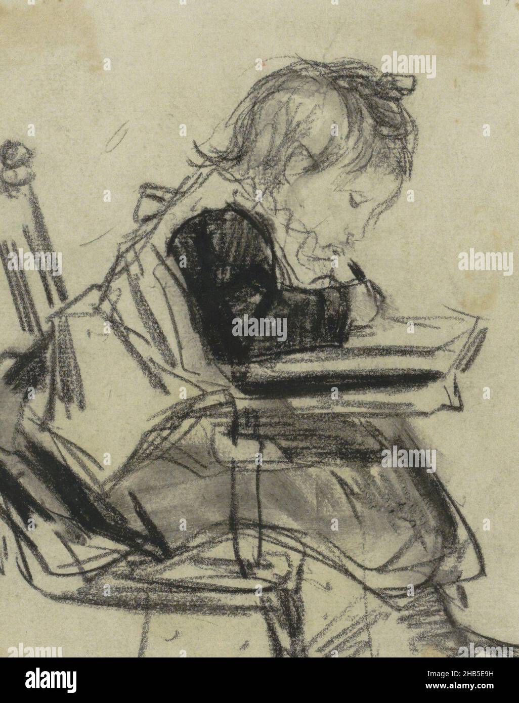 L'enfant, la fille de l'artiste, s'assoit à un bureau.Page, collée à la  page 64 d'un carnet de 82 pages., Portrait d'Elise (liesje) Claudine  Arntzenius, dessinateur: Floris Arntzenius, la Haye, c.Oct.-1904, Floris  Arntzenius,
