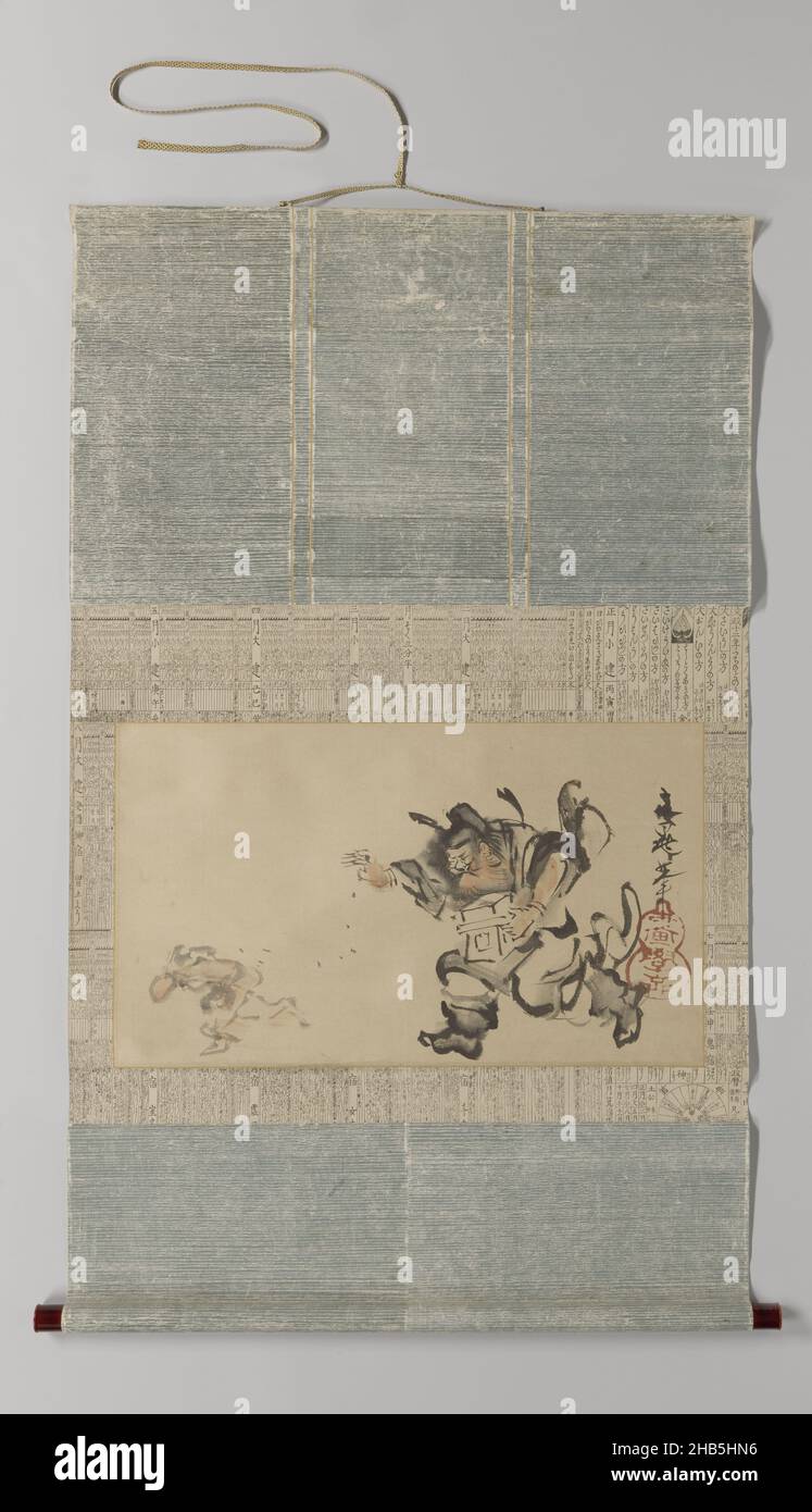 Setsubun, Setsubun Festival; Shoki lance des haricots à un démon, peinture à défilement suspendu dans une boîte, peintre: Tani Buncho (mentionné sur l'objet), Japon, 1773 - 1842, papier, hauteur 34 cm × largeur 58,5 cmhauteur 6 cm × largeur 75 cm × profondeur 6,5 cm Banque D'Images