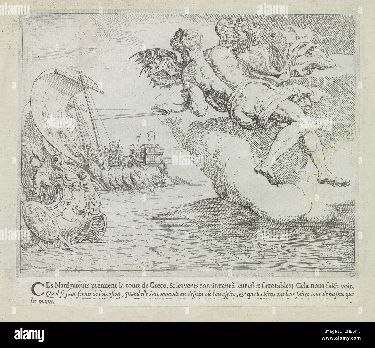 Zephyrus fait avancer le navire d'Odysseus, les travaux d'Ulysse (titre de la série), les œuvres d'Odysseus (titre de la série), Zephyrus, le dieu du vent occidental, fait avancer les navires d'Odysseus.L'imprimé fait partie d'un album., imprimerie: Theodoor van Thulden (mentionné sur l'objet), dessinateur intermédiaire: Theodoor van Thulden, Paris, 1633, papier, gravure,gravure, impression typographique, hauteur 221 mm × largeur 255 mm Banque D'Images