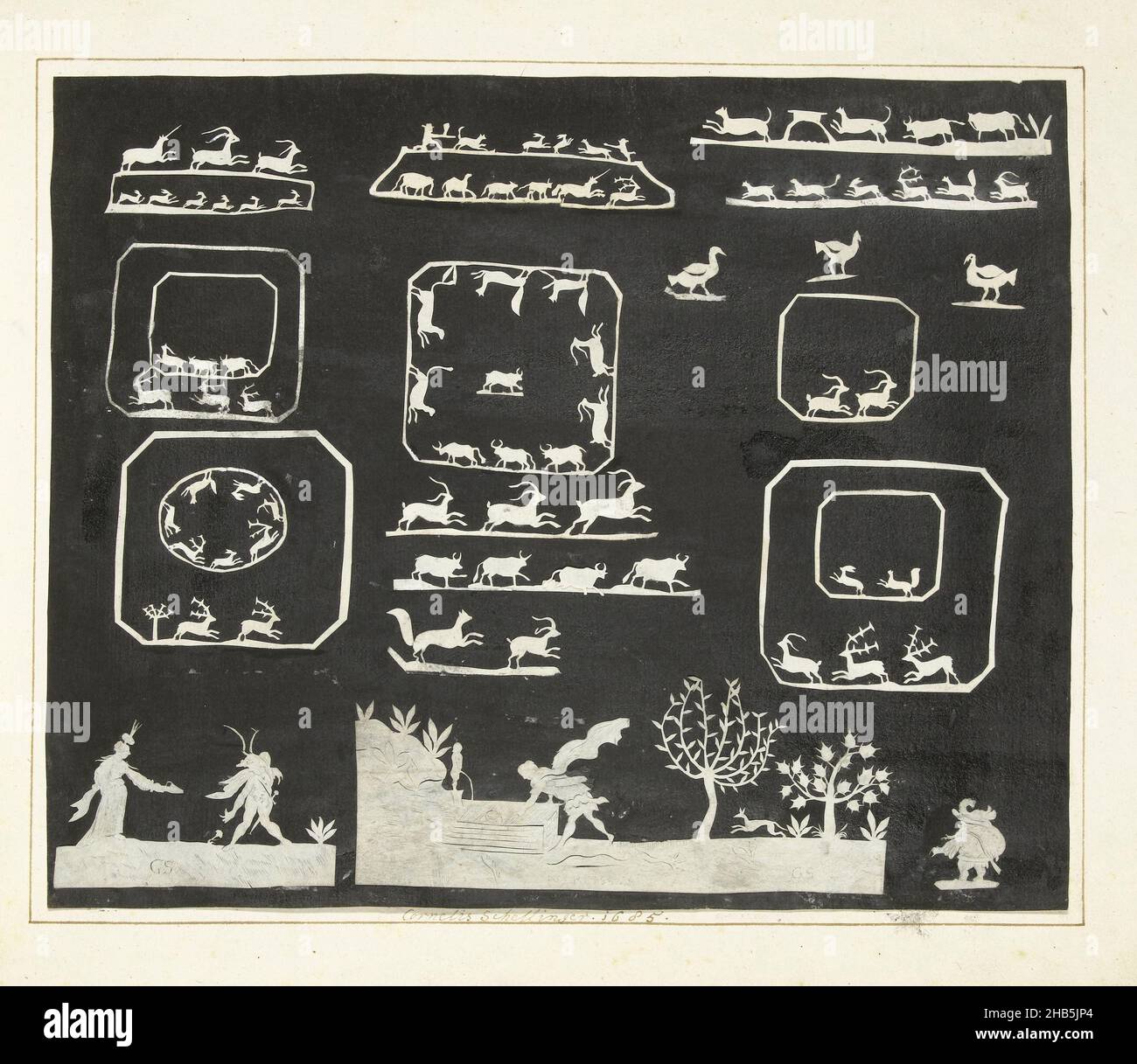Les animaux de course, les figures et les Narcisse, Gesina ter Borch et ses neveux Cornelis et Gerrit Schellinger (probablement âgés de 13 et 14 ans) ont plusieurs coupures en blanc collées sur un papier noir.Au sommet se trouvent principalement des animaux en train de courir, au centre inférieur une représentation avec Narcissus et de part et d'autre de ses figures après Callot., Cornelis Schellinger (mentionné sur l'objet), Gerrit Schellinger (signé par l'artiste), Zwolle, 1685, papier, papier préparé,écaillage, hauteur 183 mm × largeur 225 mm hauteur 243 mm × largeur 360 mm Banque D'Images