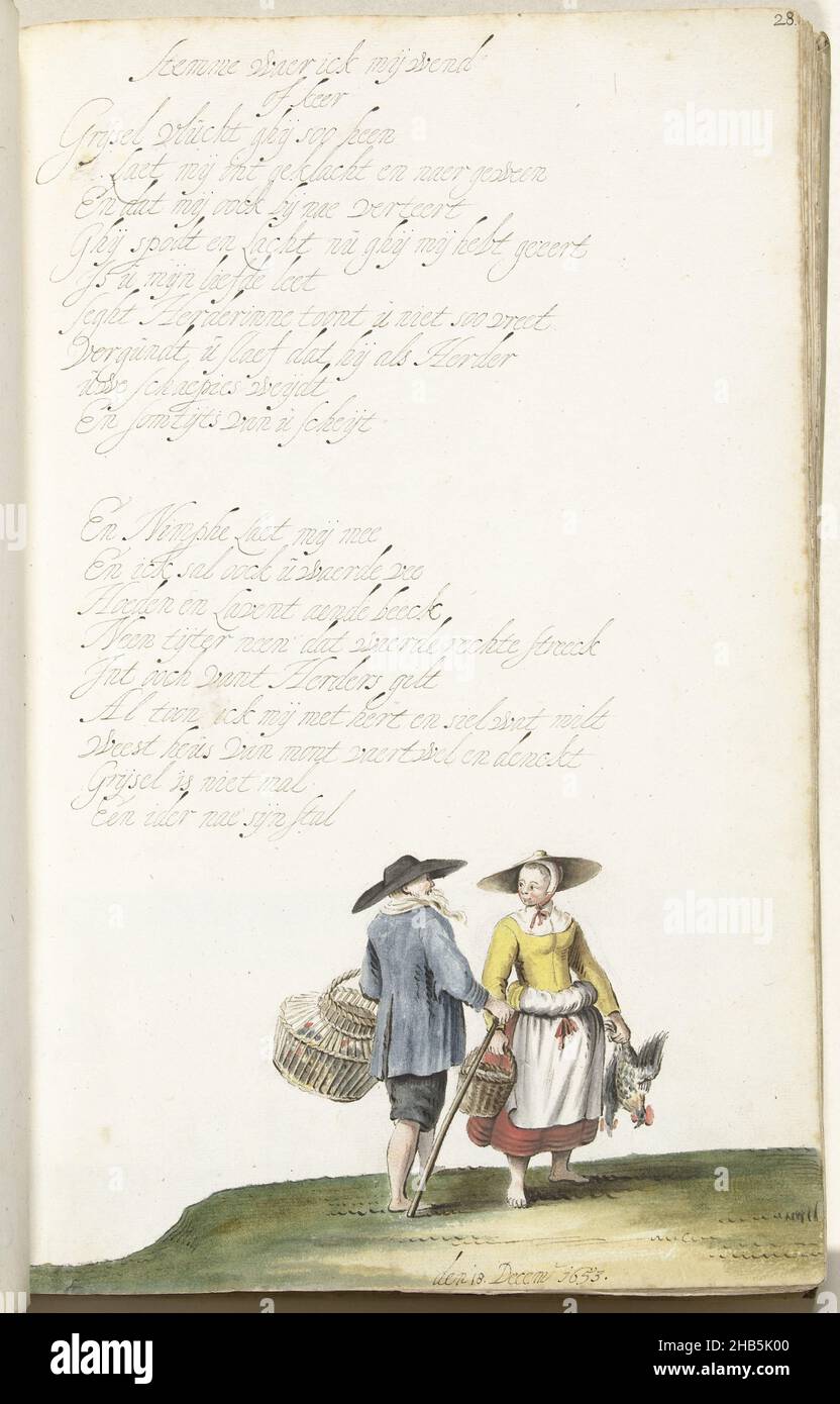 Couple paysan, couple paysan sous poème pastoral avec amour plainte de Tytir à Grijsel, à la mélodie de Waer ick me tourner ou tourner.L'illustration ne correspond pas à la description dans le poème, les bergers sont devenus des marchands et leurs poulets de brebis., dessinateur: Gesina ter Borch, Gesina ter Borch, Zwolle, 18-déc-1653, papier,brosse, hauteur 313 mm × largeur 204 mm Banque D'Images