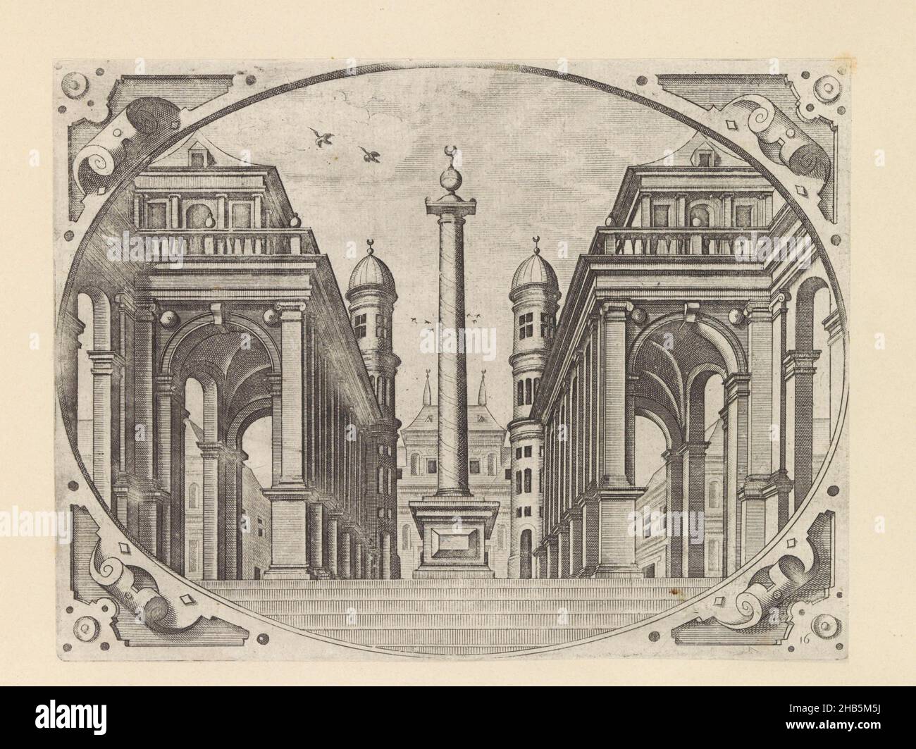 Escalier à colonne monumentale surmontée par globe et croissant, Variae Architecturae Formae (...)(Titre de la série), Perspectives architecturales en cadres ovales pour intarsia (titre de la série), vue dans une rue avec un escalier.Sur elle se trouve une colonne monumentale sur un piédestal, surmontée d'une sphère et d'un croissant.Des deux côtés colonades avec des pilastres de l'ordre ionique.Dans la barre de défilement des coins.L'imprimé fait partie d'un album., imprimerie: Johannes de Lucas van Doetechum, Hans Vredeman de Vries, Anvers, après 1601, papier, gravure,hauteur 163 mm × largeur 215 mm Banque D'Images