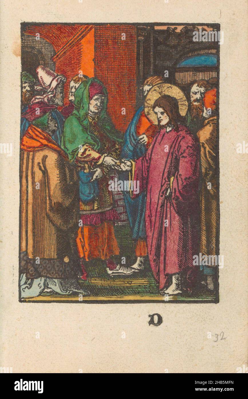 Christ dans le débat avec les Pharisiens au sujet de l'imposition de l'empereur, la passion stupide (titre de série), un des Pharisiens lui donne une pièce de monnaie et demande au Christ s'il est permis de payer l'impôt à l'empereur.Marqué en bas: D. Print fait partie d'un livre., imprimeur: Lucas van Leyden (atelier de), éditeur: Doen Pietersz., Amsterdam, c.1530, papier, hauteur 112 mm × largeur 80 mm hauteur 159 mm × largeur 101 mm Banque D'Images