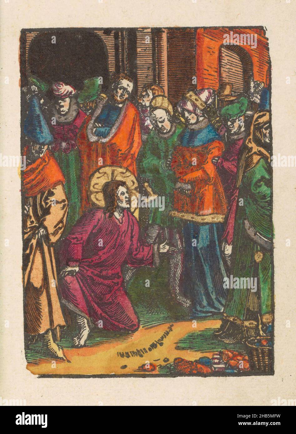 Christ et l'adultére, Mute passion (titre de la série), dans le temple, plusieurs Pharisiens apportent au Christ une femme prise dans l'adultère.Les Pharisiens demandent ce que Christ pense de la loi de Moïse qui stipule que ces femmes devraient être lapidées à mort.Christ a écrit sur le terrain avec son doigt et dit comme il regarde que celui qui est sans péché doit seulement jeter la première pierre.L'imprimé fait partie d'un livre., imprimeur: Lucas van Leyden (atelier de), éditeur: Doen Pietersz., Amsterdam, c.1530, papier, hauteur 111 mm × largeur 80 mm hauteur 159 mm × largeur 101 mm Banque D'Images