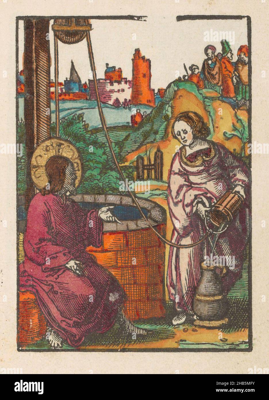 Christ et la femme samaritaine, la petite passion (titre de la série), la passion stupide (titre de la série), le Christ repose sur le puits de Jacob, ayant envoyé ses disciples à la ville.À droite, ils partent en direction de la ville.Une femme samaritaine vient pour attirer l'eau et parle au Christ.L'imprimé fait partie d'un livre., imprimeur: Lucas van Leyden (atelier de), éditeur: Doen Pietersz., Amsterdam, c.1530, papier, hauteur 112 mm × largeur 78 mm hauteur 159 mm × largeur 101 mm Banque D'Images