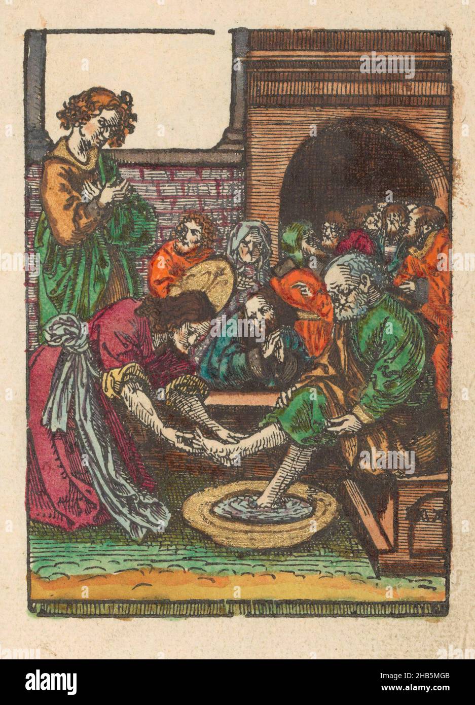La petite passion (titre de la série), la passion stupide (titre de la série), le Christ lavant les pieds de Pierre.Les autres disciples regardent.L'imprimé fait partie d'un livre., imprimeur: Jacob Cornelisz van Oostsanen (mentionné sur l'objet), éditeur: Doen Pietersz., Amsterdam, 1520 - 1521 et/ou c.1530, papier, hauteur 111 mm × largeur 80 mm hauteur 159 mm × largeur 102 mm Banque D'Images