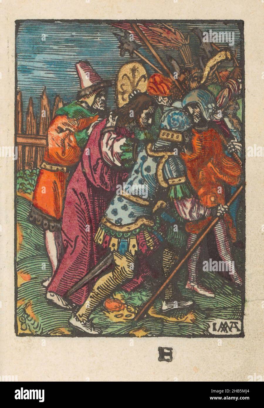 Capture, la petite passion (titre de la série), la passion stupide (titre de la série), le Christ est capturé et pris par les soldats.Marqué en bas: F. Print fait partie d'un livre., imprimeur: Jacob Cornelisz van Oostsanen (mentionné sur l'objet), éditeur: Doen Pietersz., Amsterdam, 1520 - 1521 et/ou c.1530, papier, hauteur 111 mm × largeur 81 mm hauteur 159 mm × largeur 102 mm Banque D'Images