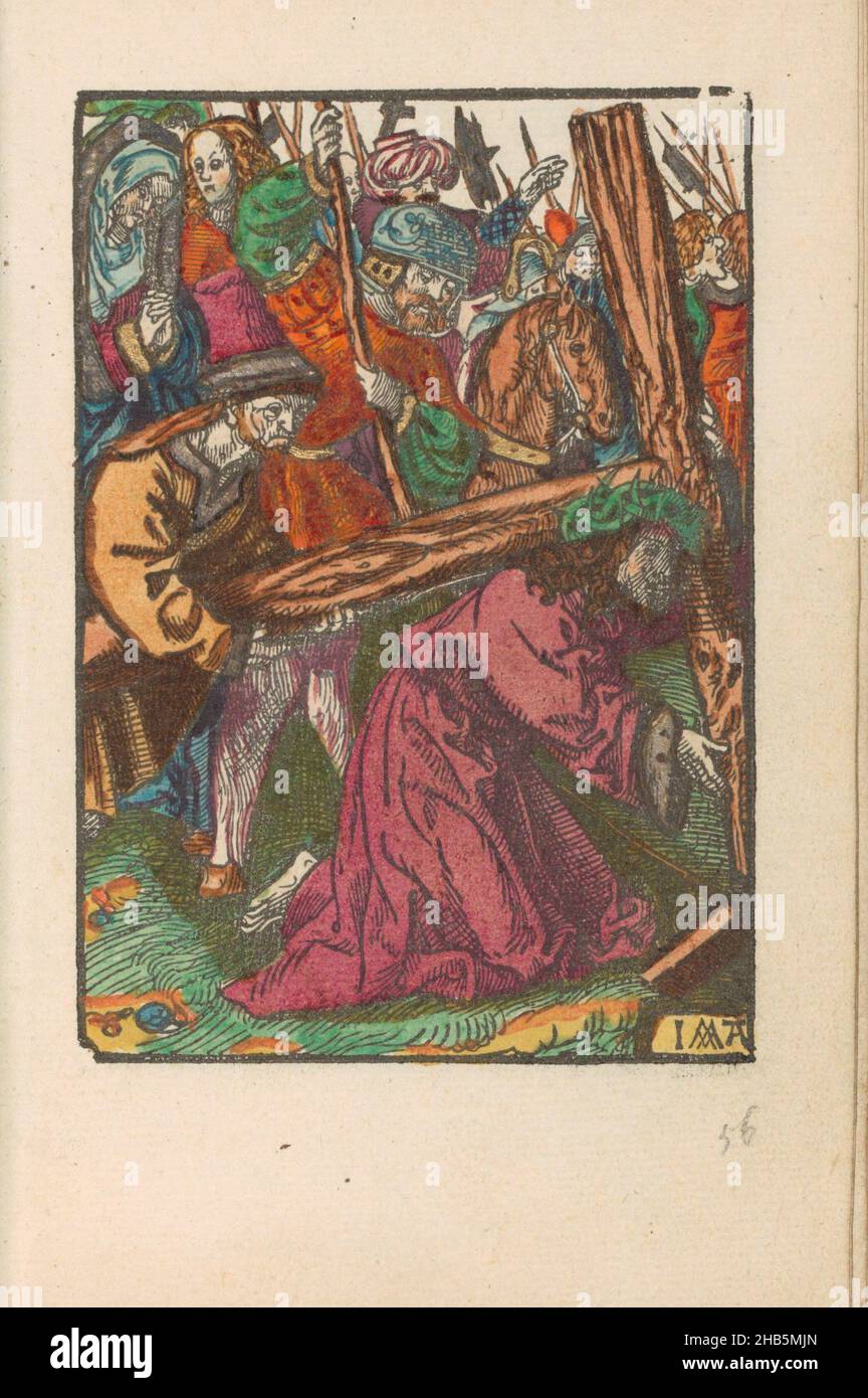 Porter la Croix, la petite passion (titre de la série), la passion stupide (titre de la série), Christ porte la croix.Simon de Syrene l'aide à porter la croix.L'imprimé fait partie d'un livre., imprimeur: Jacob Cornelisz van Oostsanen (mentionné sur l'objet), éditeur: Doen Pietersz., Amsterdam, 1520 - 1521 et/ou c.1530, papier, hauteur 112 mm × largeur 78 mm hauteur 159 mm × largeur 101 mm Banque D'Images
