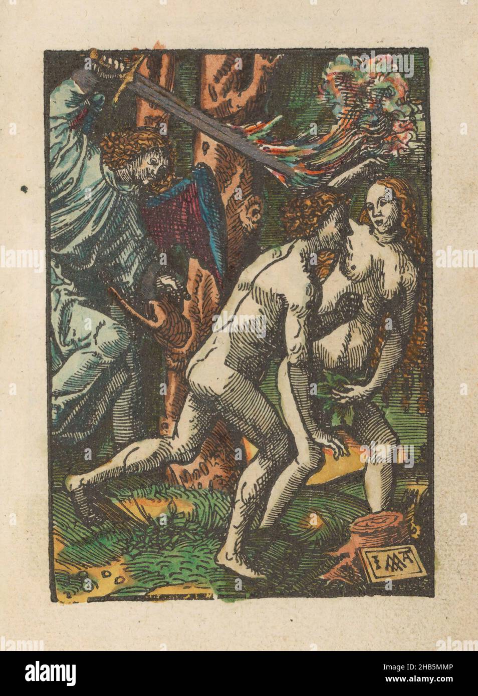 Expulsion du Paradis, la petite passion (titre de la série), la passion stupide (titre de la série), Adam et Eve sont expulsés du Paradis par un ange avec une épée flamboyante.L'imprimé fait partie d'un livre., imprimeur: Jacob Cornelisz van Oostsanen (mentionné sur l'objet), éditeur: Doen Pietersz., Amsterdam, 1520 - 1521 et/ou c.1530, papier, hauteur 111 mm × largeur 78 mm hauteur 159 mm × largeur 102 mm Banque D'Images