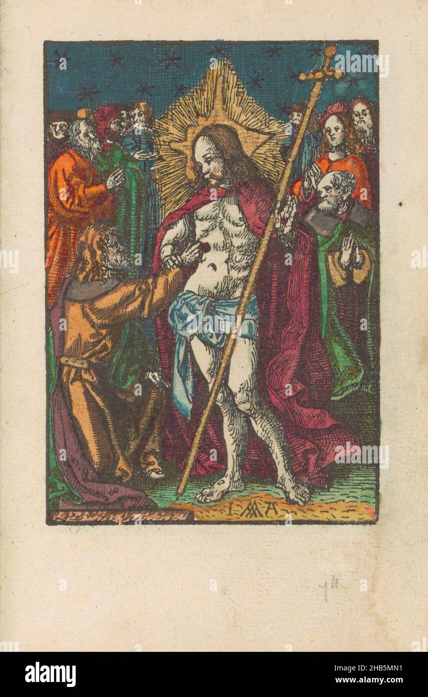 Le Christ apparaît aux Tomas, la petite passion (titre de la série), la passion stupide (titre de la série), le Christ ressuscité montre ses blessures à l'apôtre Tomas.L'imprimé fait partie d'un livre., imprimeur: Jacob Cornelisz van Oostsanen (mentionné sur l'objet), éditeur: Doen Pietersz., Amsterdam, 1520 - 1521 et/ou c.1530, papier, hauteur 112 mm × largeur 77 mm hauteur 159 mm × largeur 101 mm Banque D'Images