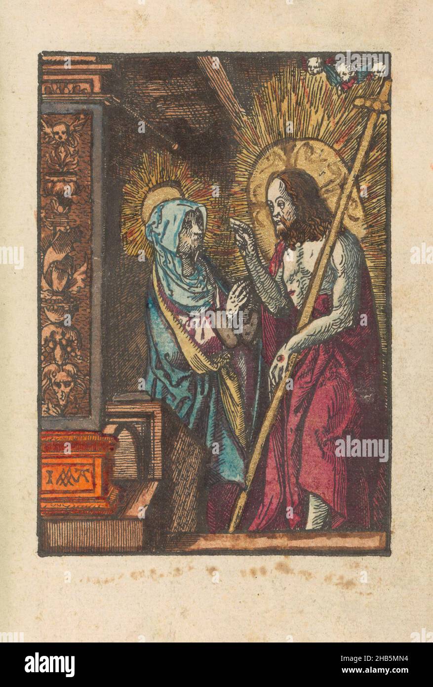 Christ apparaît à sa mère Marie, la petite passion (titre de la série), la passion stupide (titre de la série), le Christ ressuscité apparaît à sa mère Marie.L'imprimé fait partie d'un livre., imprimeur: Jacob Cornelisz van Oostsanen (mentionné sur l'objet), éditeur: Doen Pietersz., Amsterdam, 1520 - 1521 et/ou c.1530, papier, hauteur 111 mm × largeur 78 mm hauteur 159 mm × largeur 101 mm Banque D'Images