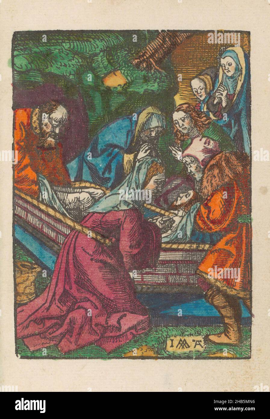 Entombment, la petite passion (titre de la série), la passion stupide (titre de la série), le Christ mort est posé dans un tombeau.L'imprimé fait partie d'un livre., imprimeur: Jacob Cornelisz van Oostsanen (mentionné sur l'objet), éditeur: Doen Pietersz., Amsterdam, 1520 - 1521 et/ou c.1530, papier, hauteur 112 mm × largeur 81 mm hauteur 159 mm × largeur 101 mm Banque D'Images