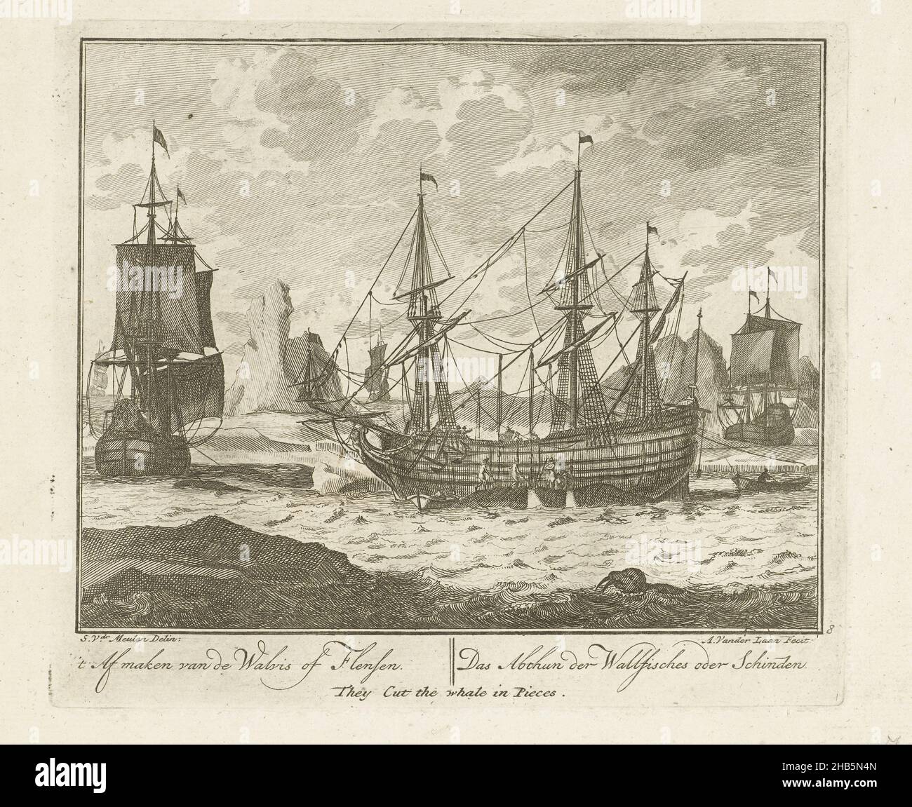 La baleine est hachée en morceaux, c.1725't Afmaken van de Walvis de Flensen, Das Abthun der Wallfisches oder Schinden, they Cut la baleine en morceaux (titre sur objet), Whaling (titre de série), la baleine capturée est hachée en morceaux, c.1725. Partie de la série sur la chasse à la baleine.Imprimé sur la même feuille que #7., imprimerie: Adolf van der Laan (mentionné sur l'objet), dessinateur intermédiaire: Sieuwert van der Meulen (mentionné sur l'objet), imprimerie: Pays-Bas du Nord, éditeur: Amsterdam, 1720 - 1730, papier, gravure,hauteur 180 mm × largeur 206 mm Banque D'Images
