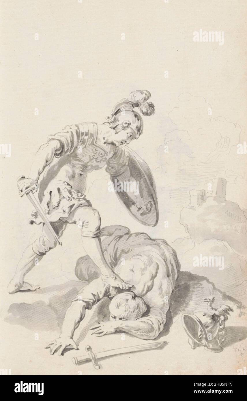 Le soldat subjugeant un ennemi, le soldat, tenant un bouclier et une épée, se tient avec son pied droit sur un ennemi.À côté de cet homme se trouve une épée et un casque avec un dragon dessus.En arrière-plan un paysage de montagne avec deux tours.Feuille 42 recto à partir d'un carnet d'esquisses avec 63 feuilles Banque D'Images