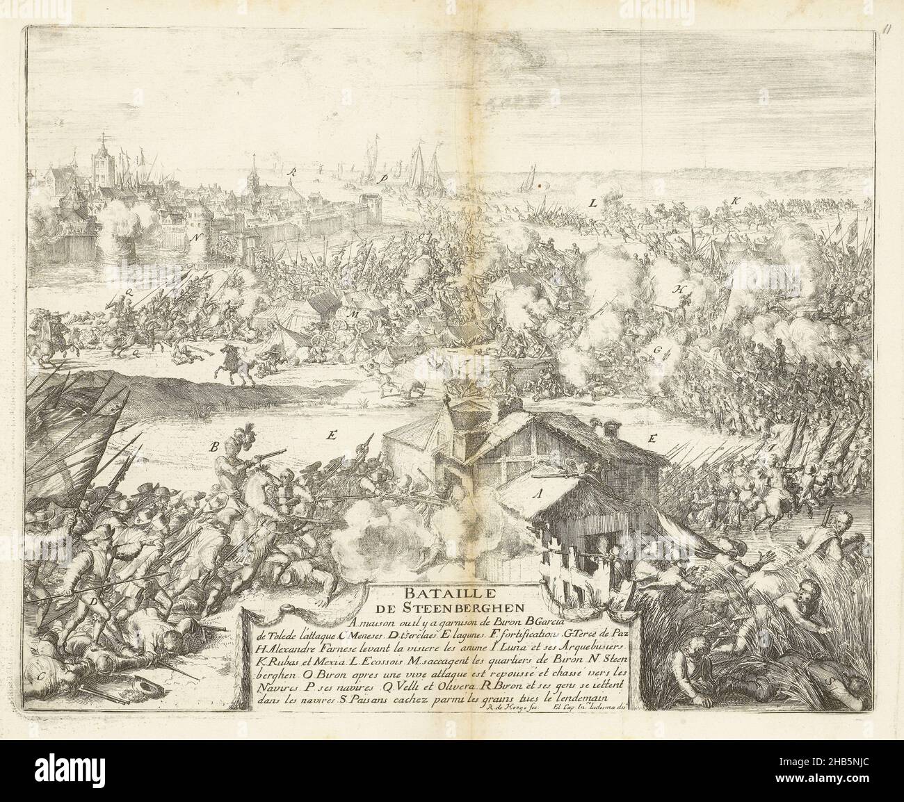 Bataille de Steenbergen, 1583, bataille de Steenberghen (titre sur objet), Guerres de Flandres (titre de série), bataille près de Steenbergen et Halteren, près de Bergen op Zoom, 17 juin 1583.Bas cartouche centrale avec le titre et la légende A-S en français., imprimerie: Romeyn de Hooghe, Don Juan de Ledesma, pays-Bas, 1670 - 1699, papier, gravure,hauteur 273 mm × largeur 343 mm Banque D'Images