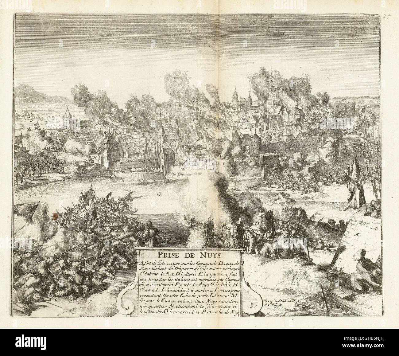 Capture et pillage de Neuss, 1586, pry de Nuys (titre sur objet), Guerres de Flandres (titre de la série), capture et pillage de Neuss par l'armée de Parme, 26 juillet 1586.Dans les escarmouches de premier plan et les troupes assiégantes.La ville est prise et incendié.Bas cartouche centrale avec le titre et la légende A-P en français., imprimerie: Romeyn de Hooghe, Don Juan de Ledesma, pays-Bas, 1670 - 1699, papier, gravure,hauteur 269 mm × largeur 333 mm Banque D'Images