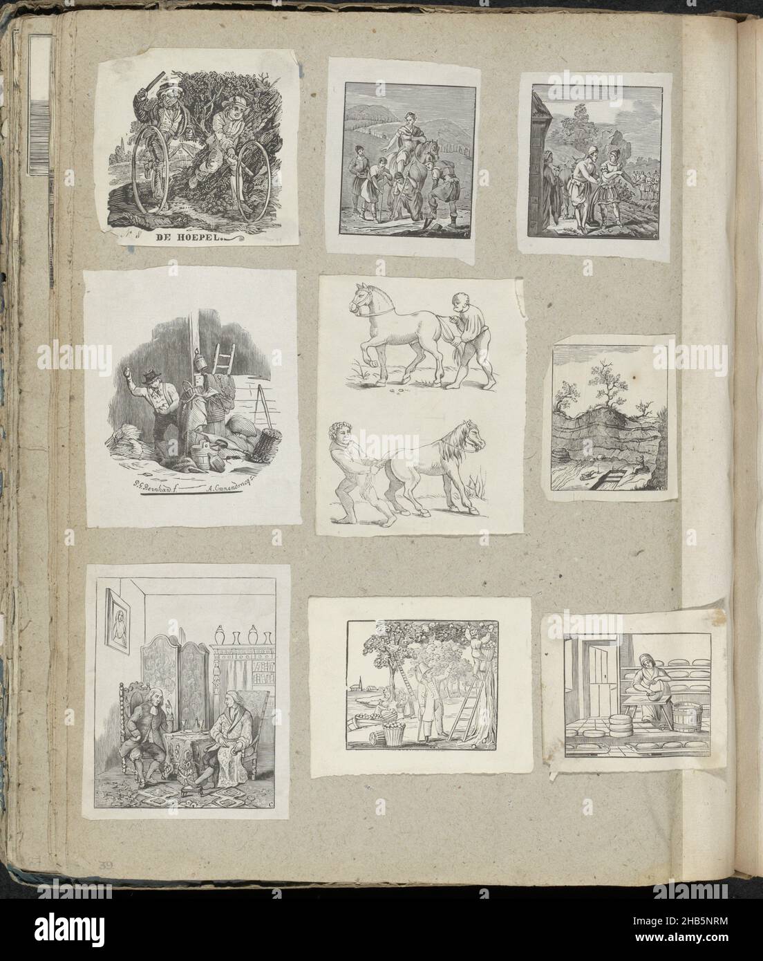 Page d'album avec diverses représentations, page d'album avec 9 représentations découpées principalement à partir de reproductions folkloriques, y compris des enfants qui font des accrocs, Romans, un fermier qui tente de attraper des souris et des fermiers cueillant des pommes., imprimeur: Alexander Cranendoncq (mentionné sur l'objet), Pieter Gerardus Bernhard (mentionné sur l'objet), imprimeur:Nimègue, pays-Bas, 1814 - 1869, papier,coupe-copeaux, hauteur 402 mm × largeur 336 mm Banque D'Images