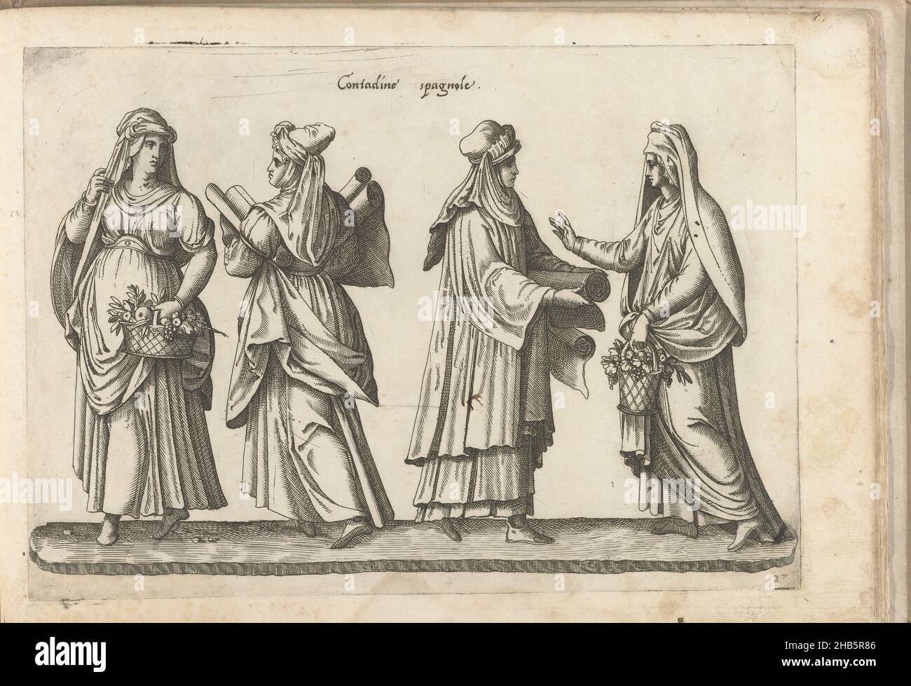 Quatre femmes marchandes espagnoles, vêtues selon la mode de c.1580, Contadine spagnole (titre sur l'objet), N° d'impression27 de l'album dei veri ritratti degl'habiti di tvtte le parti del mondo intagliati en rame per opra di Bartolomeo Grassi, 1585., éditeur: Bartolomeo Grassi, en 1585 ou avant, papier, gravure Banque D'Images