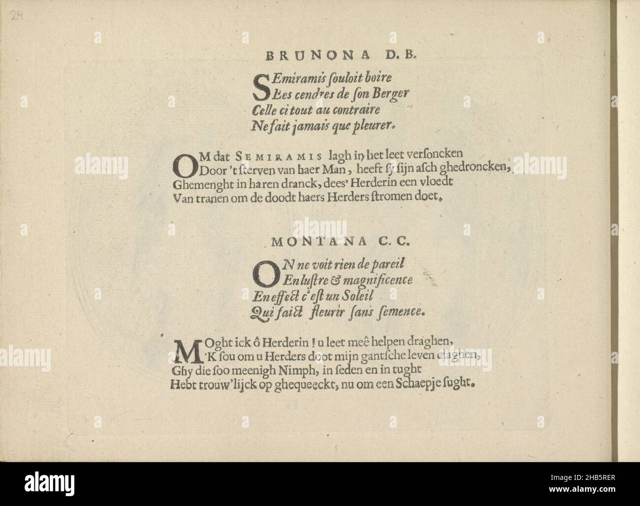 Quatreins aux représentations de Brunona D.B. et Montana C.C.les vrais pourtraits de quelques une des plus grandes dames de la chrestiente desguisees en bergères.(Titre de la série), deux fois deux quatrins en français et en néerlandais aux représentations de Brunona D.B. et Montana c.c.La feuille fait partie d'un album., Crispijn van de passe (II), éditeur: Crispijn van de passe (II), Amsterdam, 1640, papier, impression typographique,hauteur 140 mm × largeur 190 mm Banque D'Images