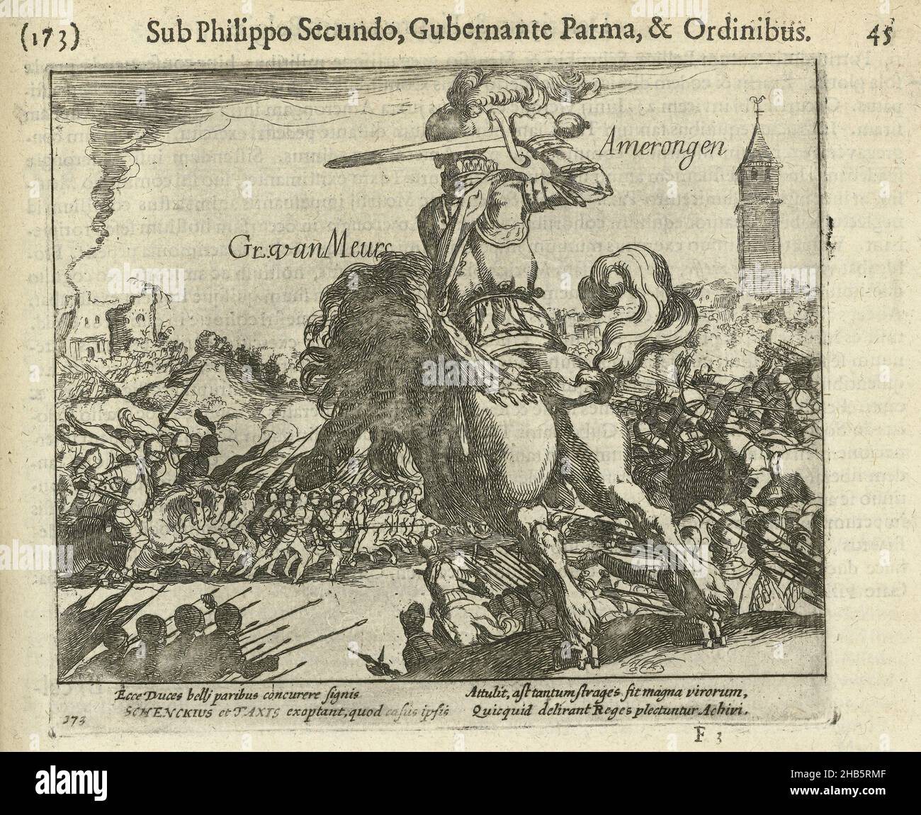 Défaite d'Adolf, comte de Nieuwenaar et Meurs et Maarten Schenck à Amerongen, 1585, défaite d'Adolf, comte de Nieuwenaar et Meurs et Maarten Schenck à l'écluse d'Amerongen, 23 juin 1585.Épisode de la guerre de Cologne.Avec légende de 4 lignes en latin.Numéroté : 173.Imprimé au verso avec du texte en latin., imprimerie: Simon Frison, éditeur: Michiel Colijn, imprimerie: Pays-Bas du Nord, éditeur: Amsterdam, 1613 - 1615 et/ou 1621 - 1622, papier, gravure, hauteur 133 mm × largeur 160 mm Banque D'Images