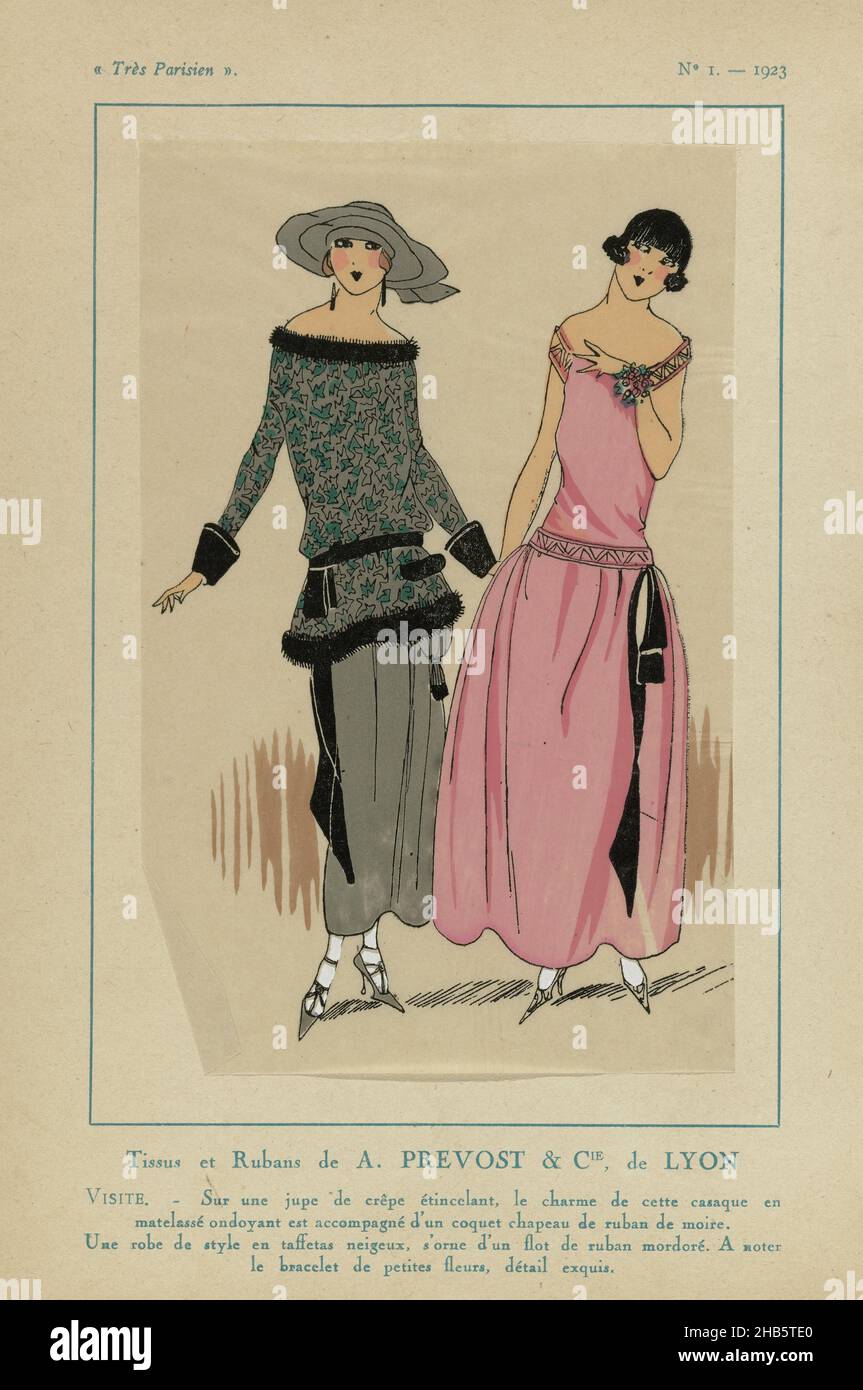 Très parisien, 1923, No 1: Tissus et Rubans de A. PREVOST ..., Casaque sur une jupe de crêpe brillante avec chapeau assorti; "robe de style" de taffeta.Imprimé du magazine de mode Très parisien (1920-1936)., imprimeur: Anonyme, G-P.Joumard, Paris, 1923, papier, impression typographique,hauteur 269 mm × largeur 180 mm Banque D'Images