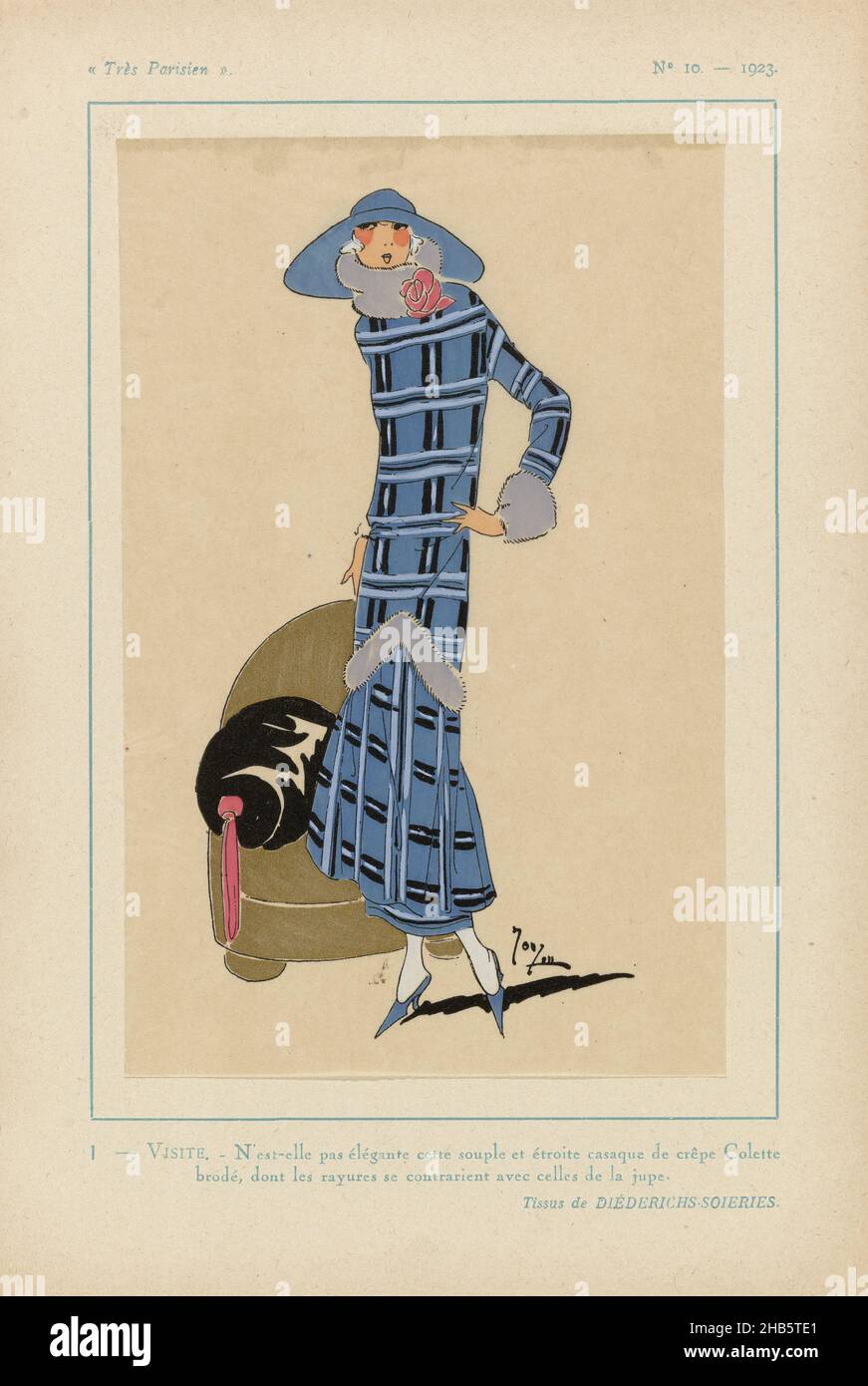Paris, 1923, No 10: 1 - VISITE.- n'est-elle pas élégante..., Casaque de crêpe brodée Colette à rayures; jupe de même tissu dans la direction opposée.Tissus de Diéderichs-Soieries.Col et poignets en fourrure.Accessoires: chapeau à large bord, fleur en relief, pompes.Imprimé du magazine de mode Très parisien (1920-1936)., imprimerie: Anonyme, Diederichs-Soieries (mentionné sur l'objet), Paris, 1923, papier, impression typographique,hauteur 269 mm × largeur 180 mm Banque D'Images
