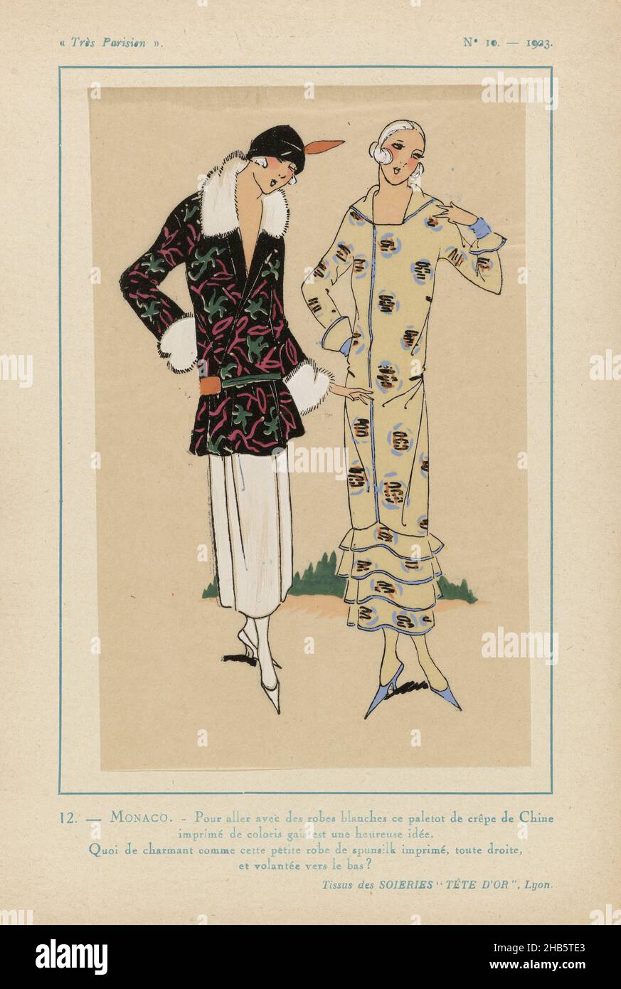 Paris, 1923, n° 10: 12.- MONACO.- pour aller avec des robes..., sur une robe blanche un paletot de crêpe de Chine imprimé dans des couleurs gaies.Col et poignets en fourrure.Robe en soie de soie à imprimé avec des flounces au bas.Tissus des Soieries tête d'Or.Imprimé du magazine de mode Très parisien (1920-1936)., Imprimeur: Anonyme, Soieries tête d'Or (mentionné sur objet), Lyon, Paris, 1923, papier,impression typographique, hauteur 269 mm × largeur 180 mm Banque D'Images